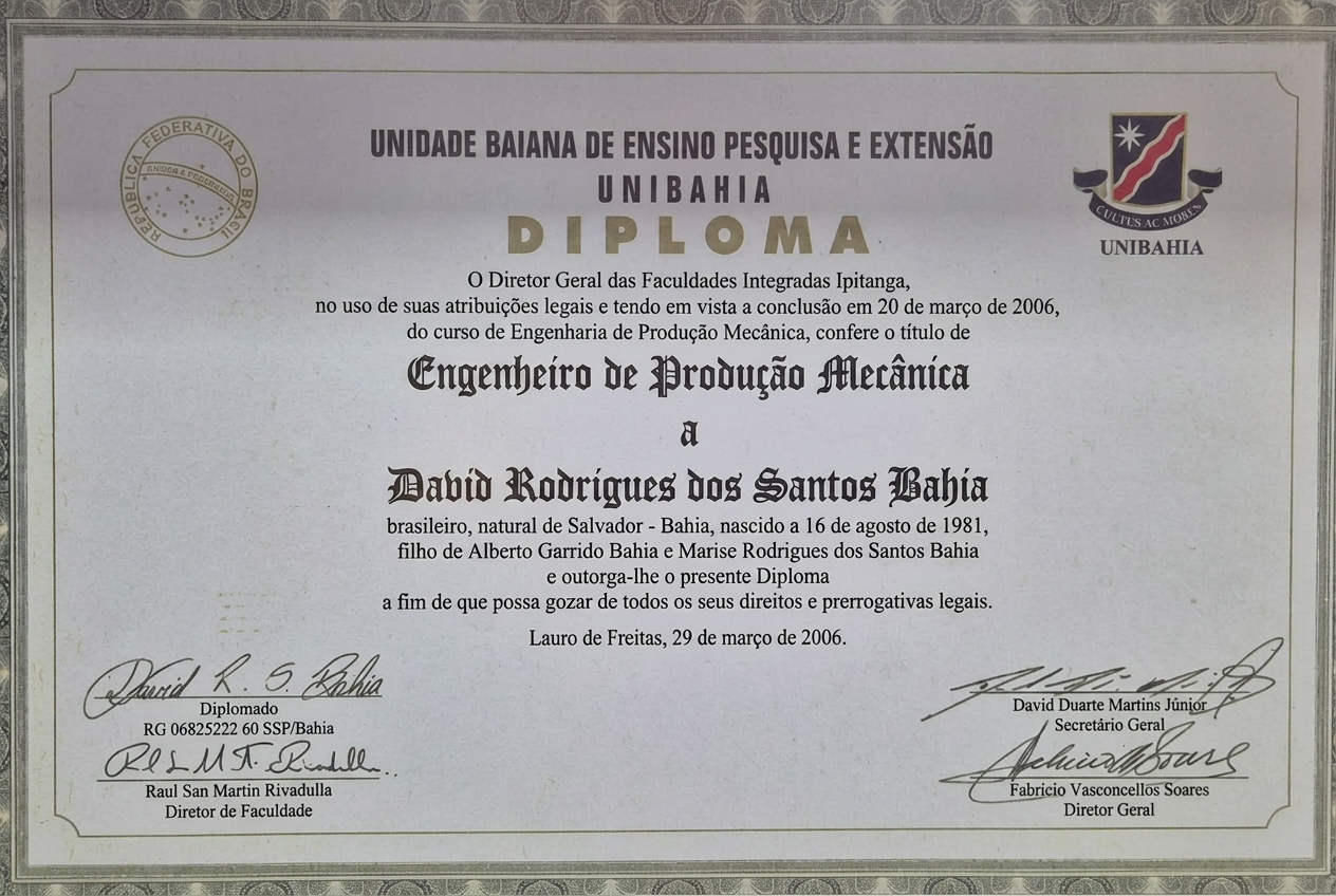 Diploma de Engenheiro de Produção Mecânica de David Rodrigues dos Santos Bahia
